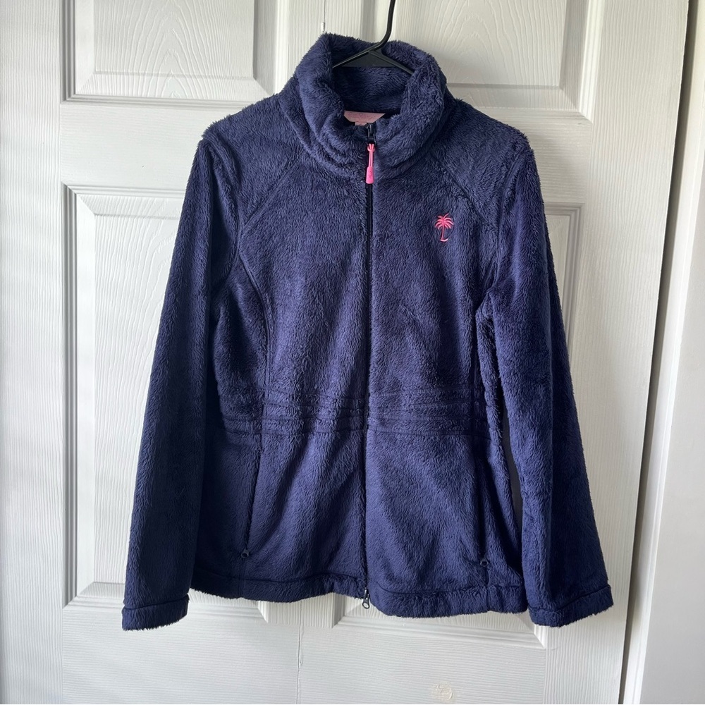 LILLY PULITZER Women’s Medium Navy Maddie Cozy Soft Plush Fleece Jacket Full Zip
